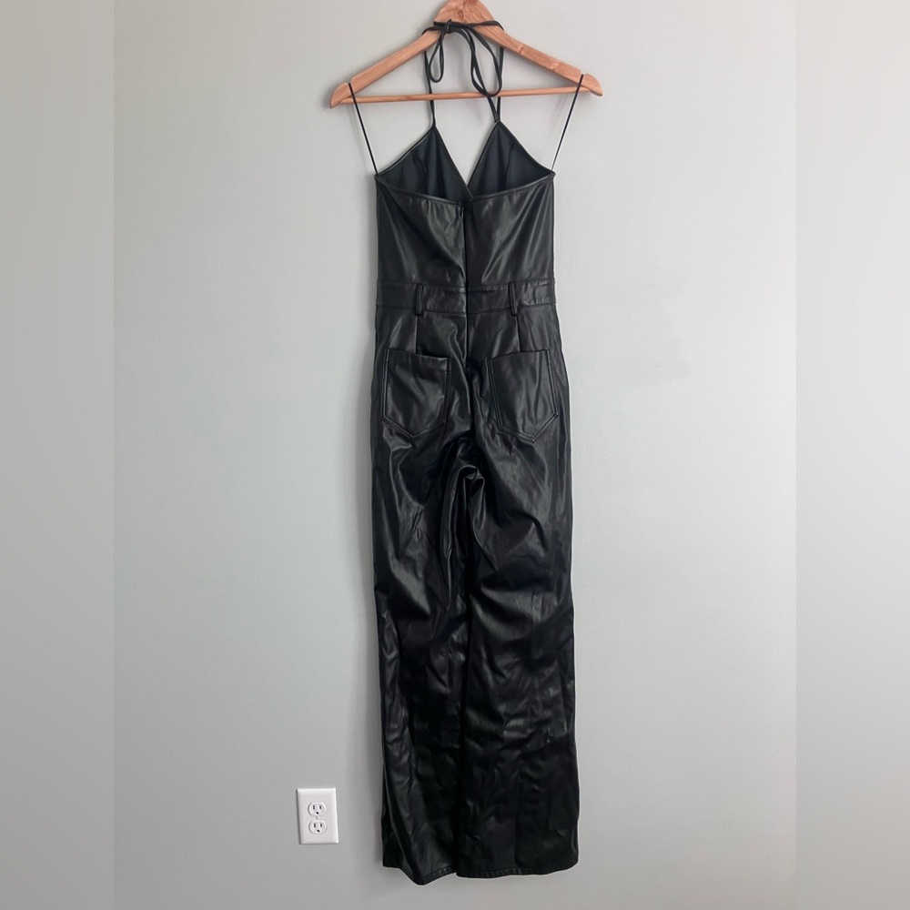 BLUE BLUSH Black Faux Leather Halter Flare Leg Jumpsuit Size S - Picture 7 of 14